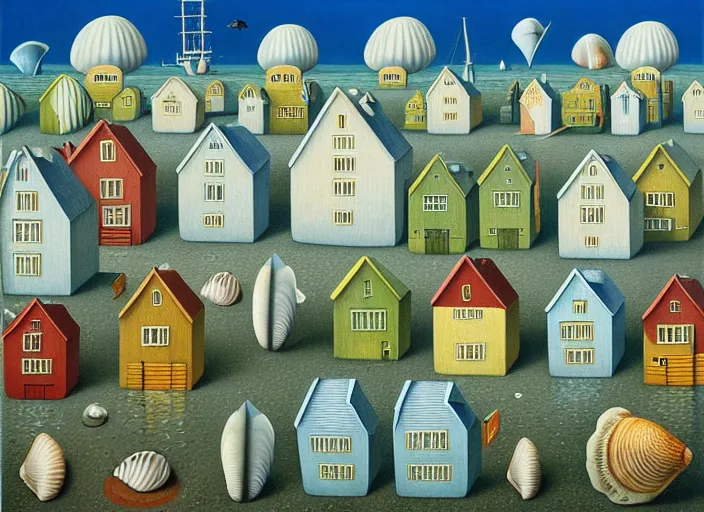 Image similar to a city with fish citizens inside!! the seashell, small scandinavian houses, little people, by jacek yerka by magritte, surrealistic painting, masterpiece, oil painting, sharp focus, highly detailed, intricate, smooth, 8 k,