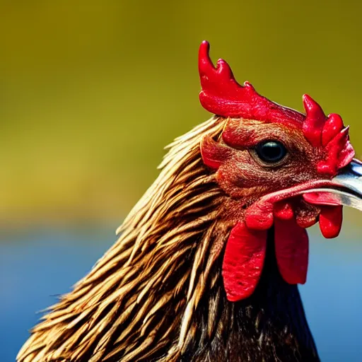 Prompt: close up photo of a chicken, drinking water from a lake in tasmania, bokeh, 4 0 0 mm lens, 4 k award winning nature photography