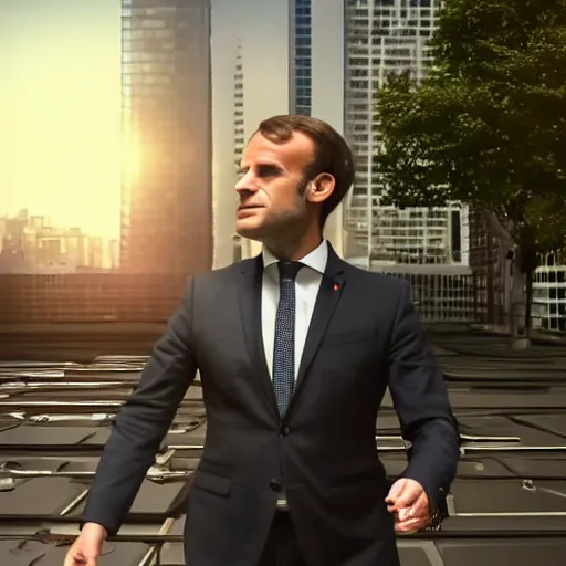 Prompt: macron dodging bullets on a rooftop, slowtime, in matrix, realistic, matrix lut, american shot, green matrix light, front view