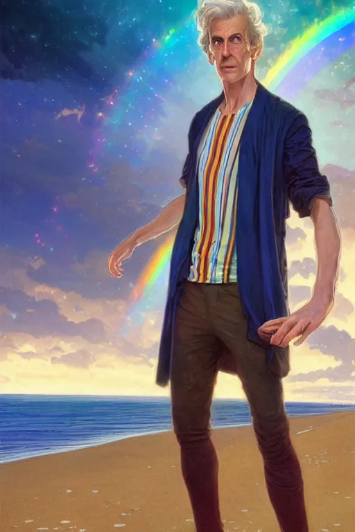 Prompt: doctor who, william hartnel on a beach, wearing a blue shirt with horizontal rainbow stripe, the ocean in the background, swirling colourful stars in the background, art by artgerm and greg rutkowski and alphonse mucha