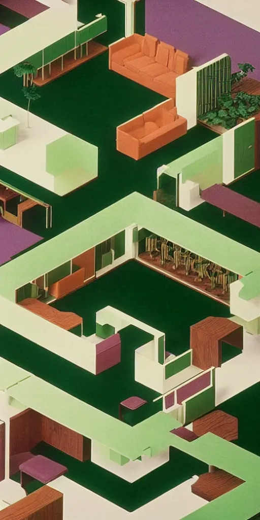 Image similar to huge sprawling gargantuan angular dimension of infinite indoor landscape 7 0 s green velvet and wood with metal office furniture. surrealism, mallsoft, vaporwave. muted colours, 7 0 s office furniture catalogue, shot from above, endless, neverending epic scale by escher and ricardo bofill