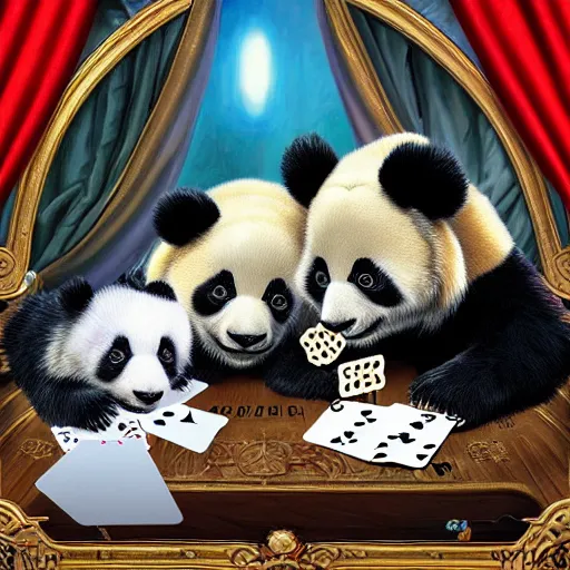Prompt: panda bears playing cards, realistic, regal, refined, detailed digital art, michael cheval, walt disney ( 1 9 3 7 ), francois boucher, oil painting, steampunk, highly detailed, cinematic lighting, unreal engine, 8 k