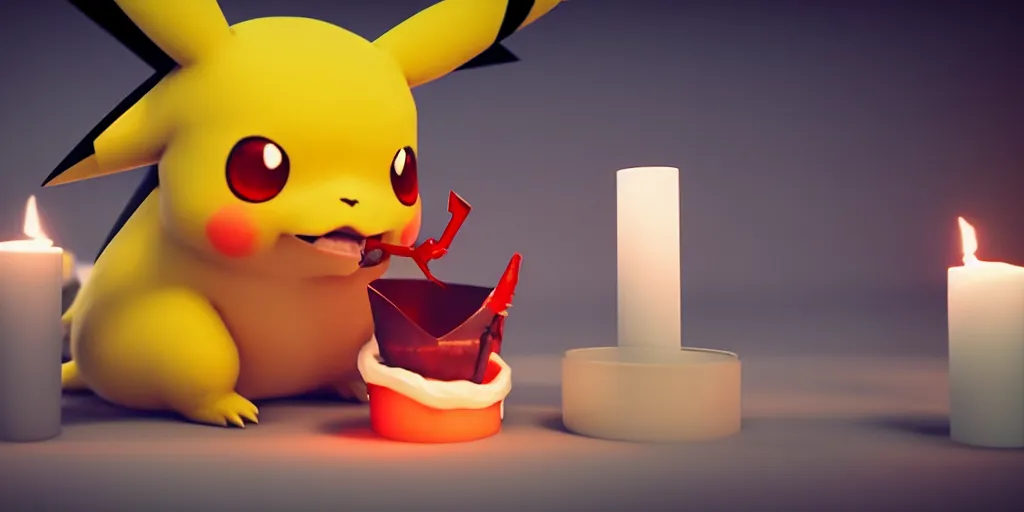 Image similar to pikachu devouring a dog sharp teeth burtal eyes scary mouth dark room red candles trash bin octane unreal engine render 8k photorealistic extreme detail textured