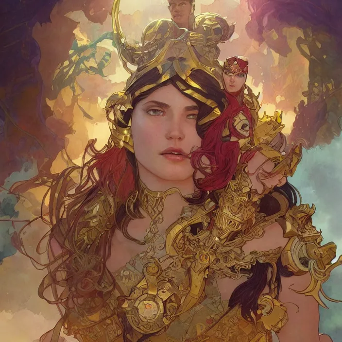 Image similar to gatot kaca as super heroes, closed up portrait,, highly detailed, gold filigree, romantic storybook fantasy, soft cinematic lighting, award, disney concept art watercolor illustration by mandy jurgens and alphonse mucha and alena aenami, pastel color palette, featured on artstation