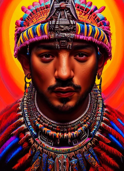 Image similar to portrait of laz alonso, hyper detailed ultra sharp aztec shaman warrior. trending on artstation, warpaint aesthetic, bloodwave, colorful, psychedelic, ornate, intricate, digital painting, concept art, smooth, sharp focus, illustration, art by artgerm and greg rutkowski and h. r. giger, 8 k