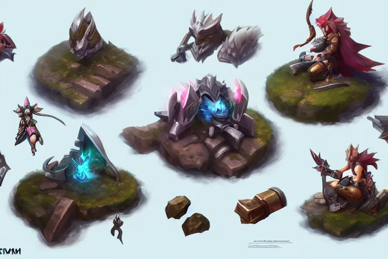 Prompt: Concept art of the new League of Legends Champion on Summoner's Rift, Isometric, Digital Painting, Trending on Artstation, Character Reference Sheet