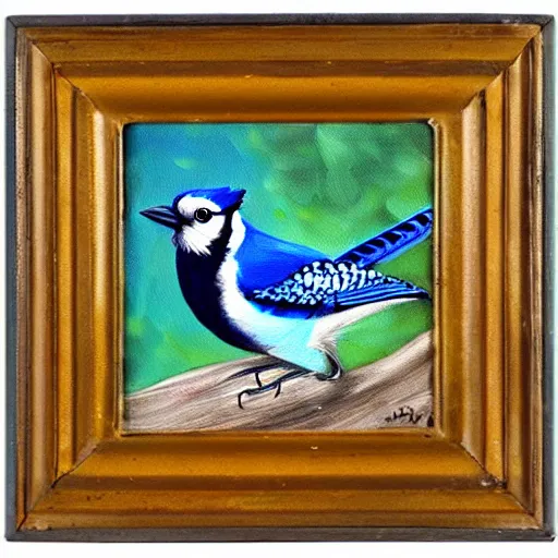 Image similar to expressive oil painting of a blue jay on a small bridge in a forest, natural color palette