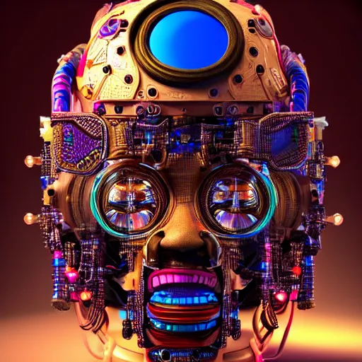 Image similar to portrait of a glossy claymodel of a steampunk aztec futuristic robot head, top of the head is covered with wires and multicolored glowing tubes, 8 k, front shot, symetrical, flourescent colors, halluzinogenic, multicolored, insanely detailed, 3 d render, octane