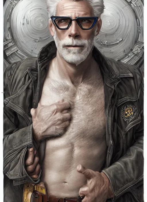 Image similar to a ruggedly handsome young man with white hair and safety goggles, intricate, elegant, highly detailed, centered, digital painting, artstation, concept art, smooth, sharp focus, illustration, art by todd lockwood and donato giancola and Joseph Christian Leyendecker