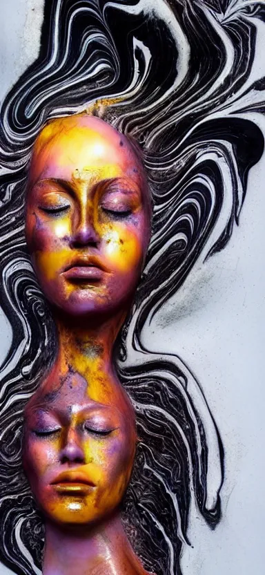 Image similar to epic, abstract sculpture of beautiful female face and black swirling marbling liquifying acrylic portrait, fluffy clouds, golden hour, beautiful light, 3 d sculpture of carving marble, dark colors, dark mood, one point lightning