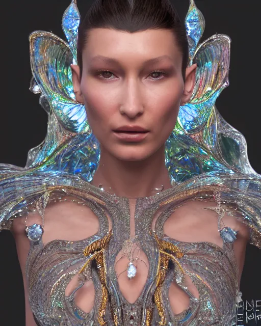 Image similar to a highly detailed metahuman 8 k close up render portrait of an alien goddess bella hadid as nymph in iris van herpen dress schiaparelli in diamonds crystals swarovski and jewelry iridescent in style of alphonse mucha gustav klimt trending on artstation made in unreal engine 4