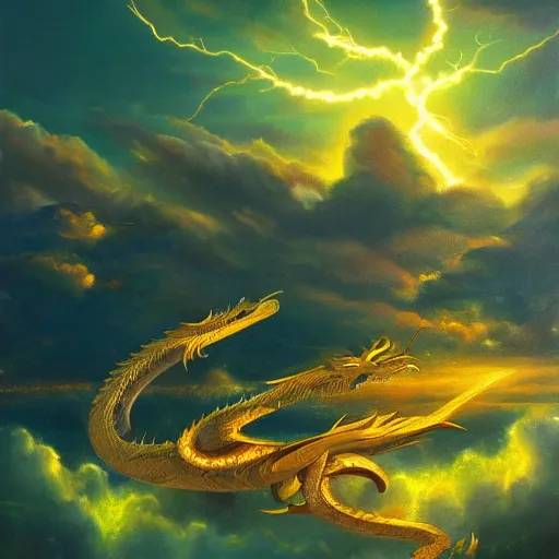 Prompt: beautiful oil painting of golden eastern dragon alone in sky, green lightning, night clouds, above city, high detail, trending in artstation