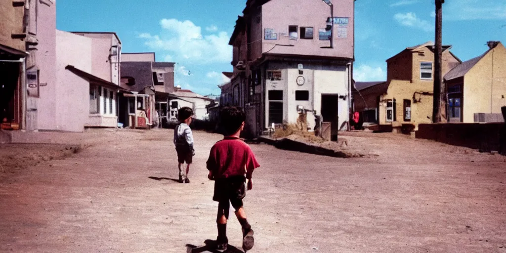 Image similar to color photo of a boy walking down a town in space