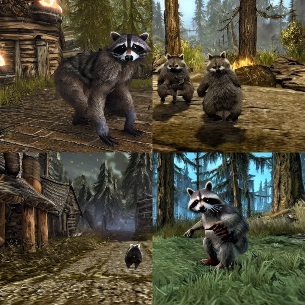 Prompt: raccoons Skyrim intro cart