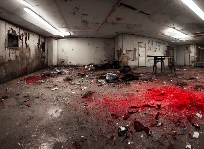 Prompt: dark, dirty, abandoned laboratory, red light, piles of red liquids on the ground and walls, piles of trash and junk on the floor, low brightness, low contrast