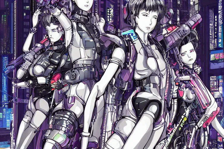 Image similar to a cyberpunk illustration of a group of four super-coherent female androids dressed in seifuku in style of masamune shirow, lying scattered across an empty, white floor with their bodies rotated in different poses and cables and wires coming out, by yukito kishiro and katsuhiro otomo, hyper-detailed, intricate, view from above, colorful