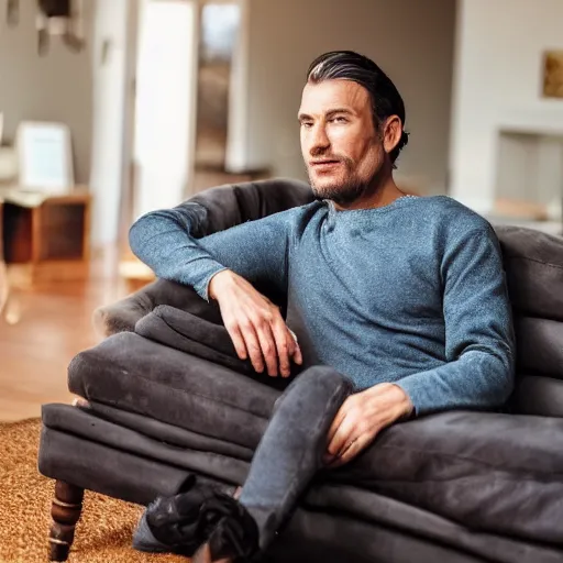 Image similar to 4 0 yo handsome man is sitting gracefully on a sofa