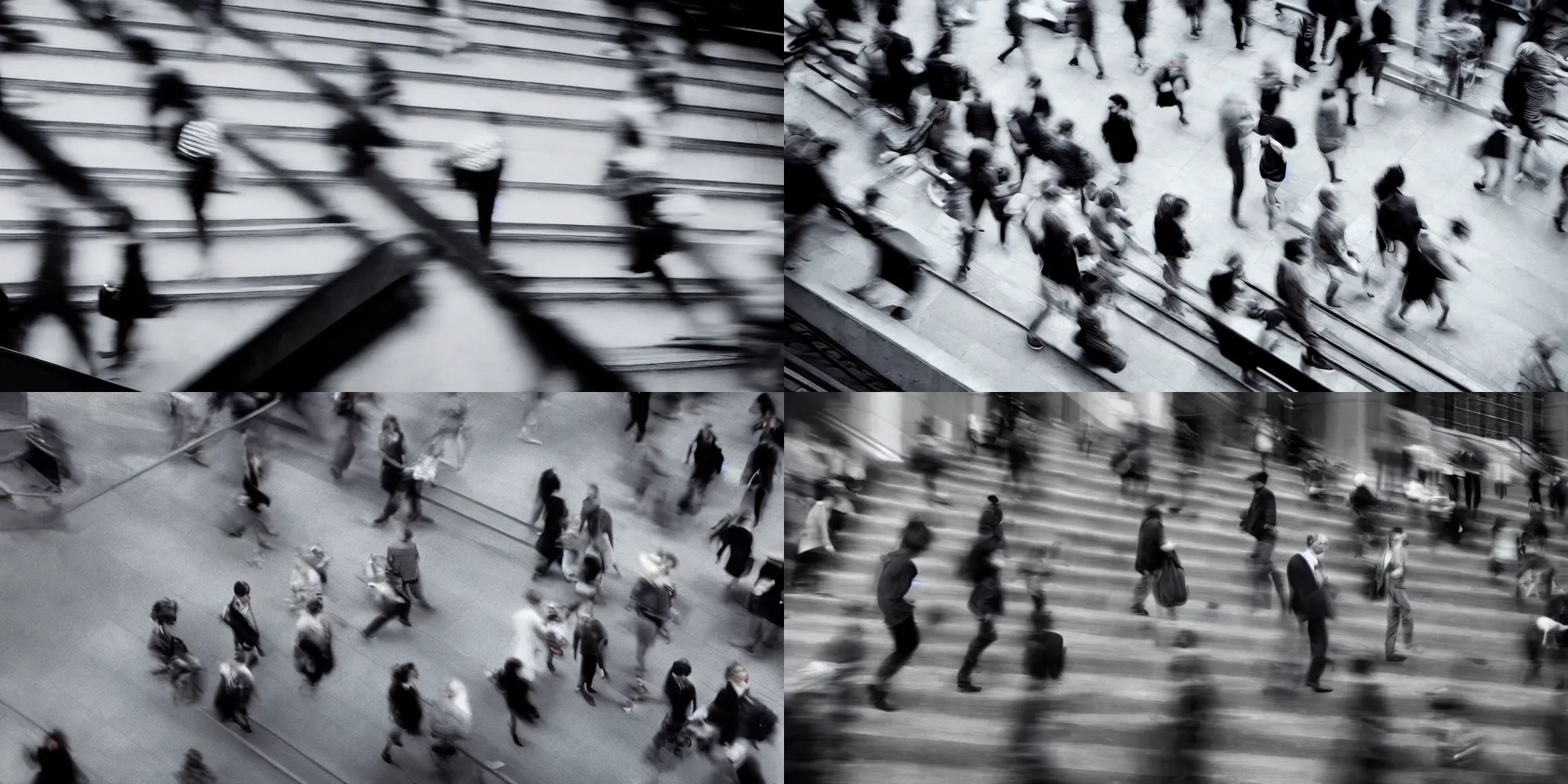 Prompt: multiple people walking up a stair in the city by richard avedon. black and white. ilford delta. long exposure, motion blur.