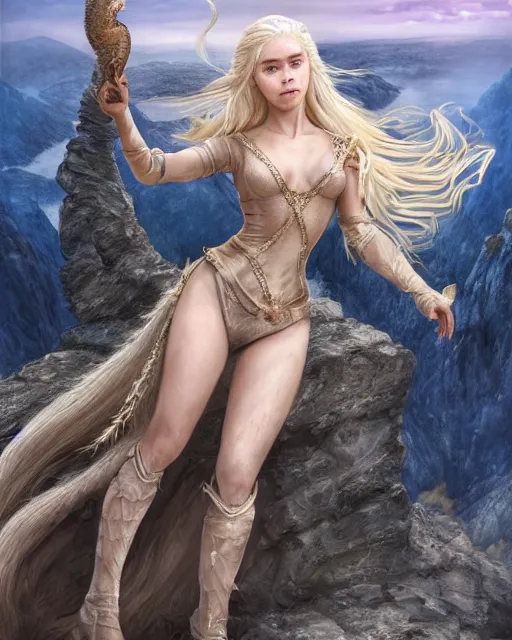 Image similar to portrait of happy beautiful daenerys targaryen with long blonde windblown hair and dragonskin armor, standing on a ledge of a mountain with dragons next to her, glamour pose, detailed illustration, digital art, trending on artstation, soft ambient lighting, volumetric lighting, rim lighting, yoshitaka amano, daniel merriam, arney freytag