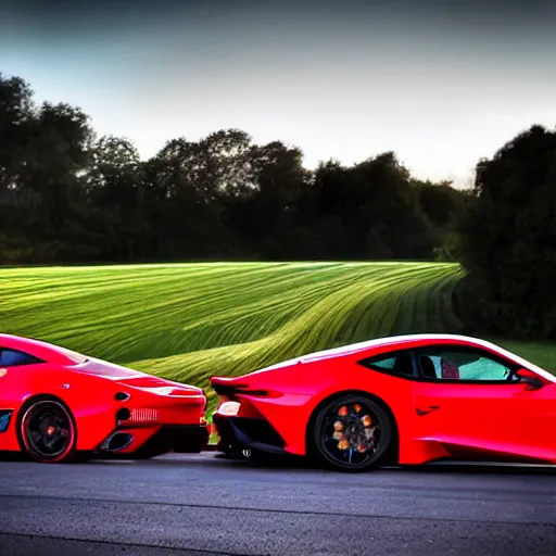 Prompt: cinematic fast sportscar reminiscent of ferrari and porsche in a lush field, shiny, red, beautiful lighting, photorealistic, sharp, sunset, by scott robertson