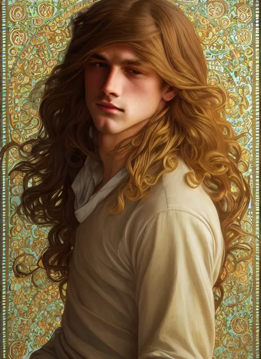 Image similar to pretty young man with shoulder length shiny shimmering golden blond hair, half body shot, emotional, decorative flower patterned background, path traced, highly detailed, high quality, digital painting, by studio ghibli and alphonse mucha, leesha hannigan, hidari, disney, jules bastien - lepage