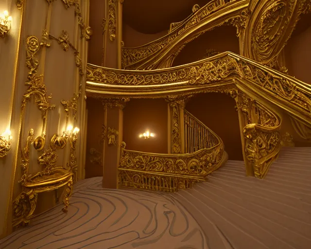 Prompt: city sized clay sculpture in a huge room. golden staircase that ascends towards the moon