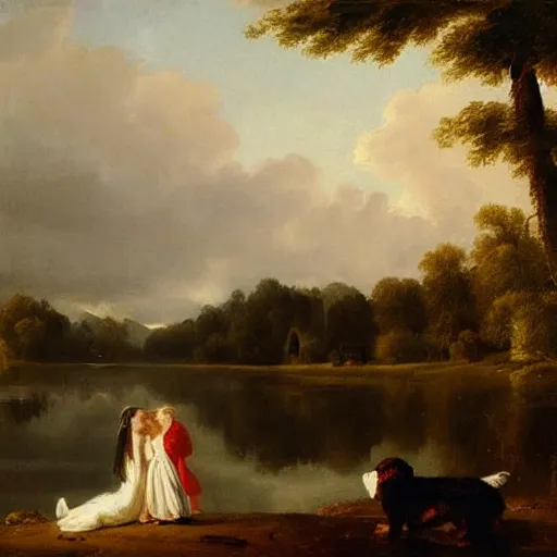 Prompt: two beautiful girls wearing white dresses beautiful faces a dog john martin landscape lake evening