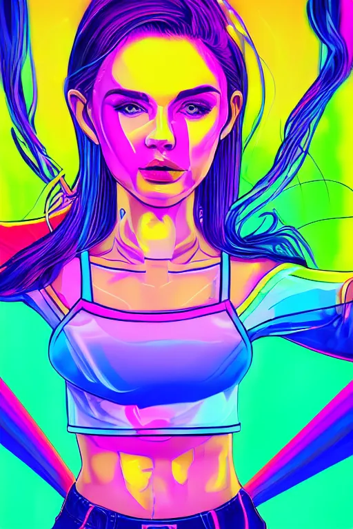 Image similar to a award winning half body portrait of a beautiful woman with stunning eyes in a croptop and cargo pants with smoky hair in rainbow colors, outlined by whirling illuminated neon lines, outrun, vaporware, shaded flat illustration, digital art, trending on artstation, highly detailed, fine detail, intricate