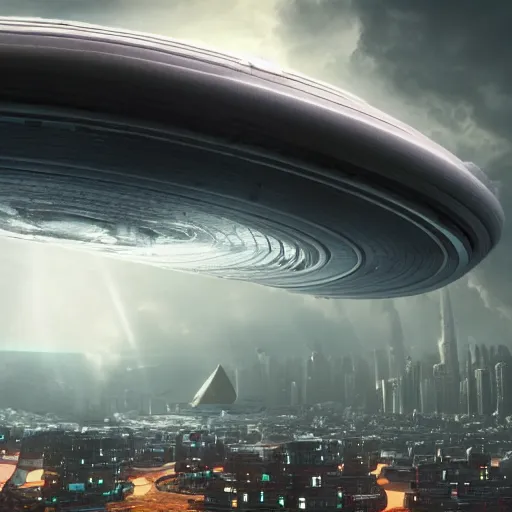 Prompt: wide shot of a near-future city with dark thick storm clouds in the sky. The massive ring spaceship is encircling the entire city. The ring spaceship is spinning fast. Sunbeams shine through the ring spaceship. realistic, 4k render, unreal engine, photorealistic, detailed, extreme detail, ridley scott
