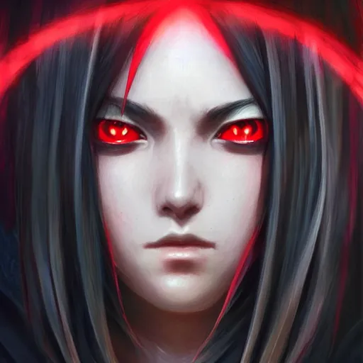 Image similar to itachi uchiha, red glowing eyes, intricate, elegant, highly detailed, digital painting, artstation, concept art, smooth, sharp focus, illustration, art by artgerm and greg rutkowski and alphonse mucha