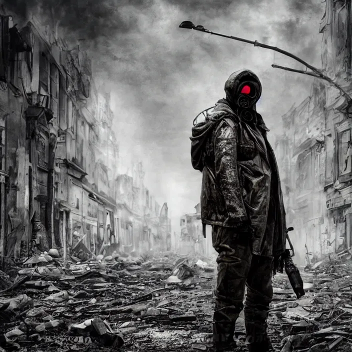 Image similar to gritty hooded apocalyptic man in gas mask standing in street of destroyed city, hyper - detailed, smooth, sharp focus, 4 k ultra hd, fantasy dark art, apocalyptic art