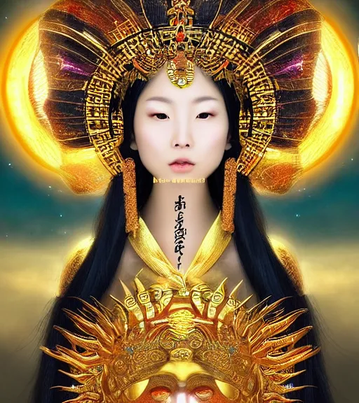 Image similar to hyper realistic portrait photo of beautiful ameterasu the sun goddess of japan, japanese model, portrait shot, intricate detail, glittering sun rays