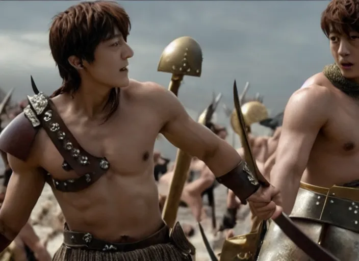 Prompt: film still of jungkook as leonidas in 3 0 0 movie, 8 k