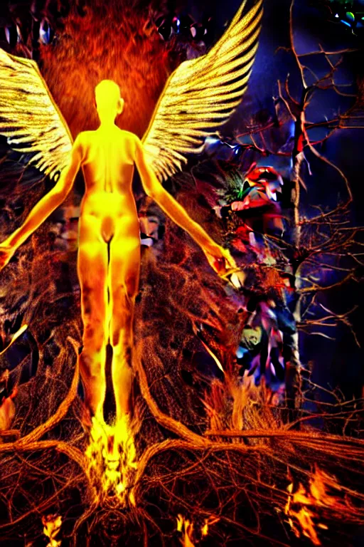 Image similar to angel with fully spread wings floating in the air surveying parched and burned forest, smoke and fire, highly intricate wings!, roots, hdr!, photorealistic,