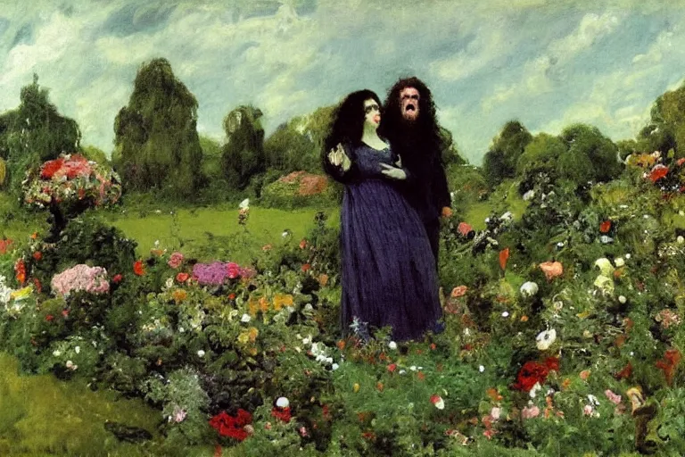 Prompt: hagrid and morticia addams frolicking in a field of various flowers, fairy garden, masterpiece, highly detailed, oil on canvas, art by walter sickert, john singer sargent, and william open