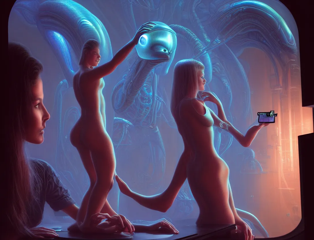 Image similar to beauty young woman admiring a small hologram with alien artifacts, electrical case display, 80s Aliens tech, ultrarealistic, dramatic lighting, electrical details, high details, 4k, 8k, best, accurate, trending on artstation, artstation, photorealism, ultrarealistic, digital painting, style of Wayne barlowe and Boris Vallejo and Peter Mohrbacher