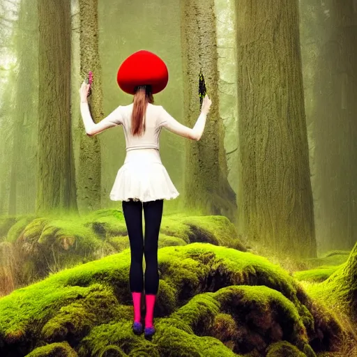 Prompt: Portrait of a thin girl in full height, elegant pose, a huge toadstool hat on her head, large eyes without a pupil ,he girl is standing on the edge of the forest, surrounded by colorful sparkling moss