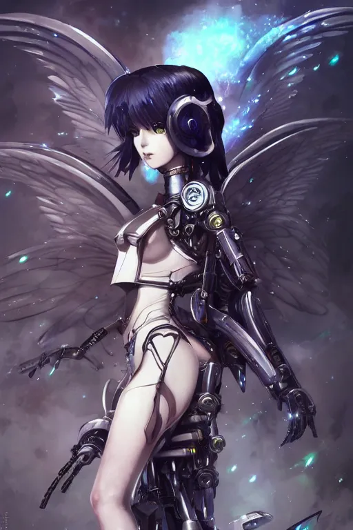 Prompt: Beautiful pale warhammer 40000 goth anime girl with mechanical wings and many wires, masterpiece 4k digital illustration by Artgerm, ghibli, Makoto Shinkai, highly detailed, trending on artstation, pixiv, award winning,