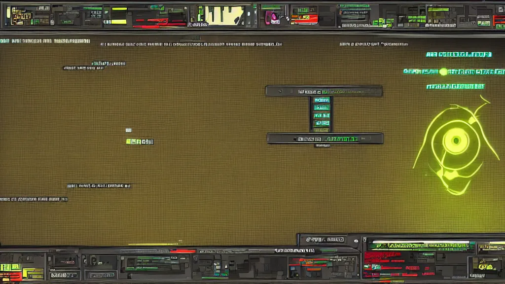 Prompt: GUI for an Ouroboros tracker program, System Shock 2, Shin Megami Tensei Nocturne, Deus Ex