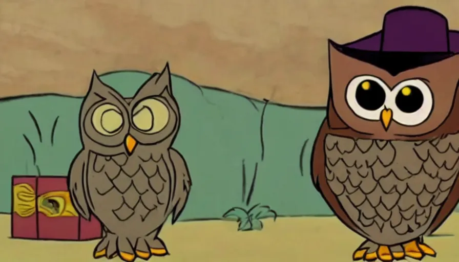 Image similar to saturday morning cartoon shot of an owl dressed as the lone ranger, screenshot from 1990s animated show