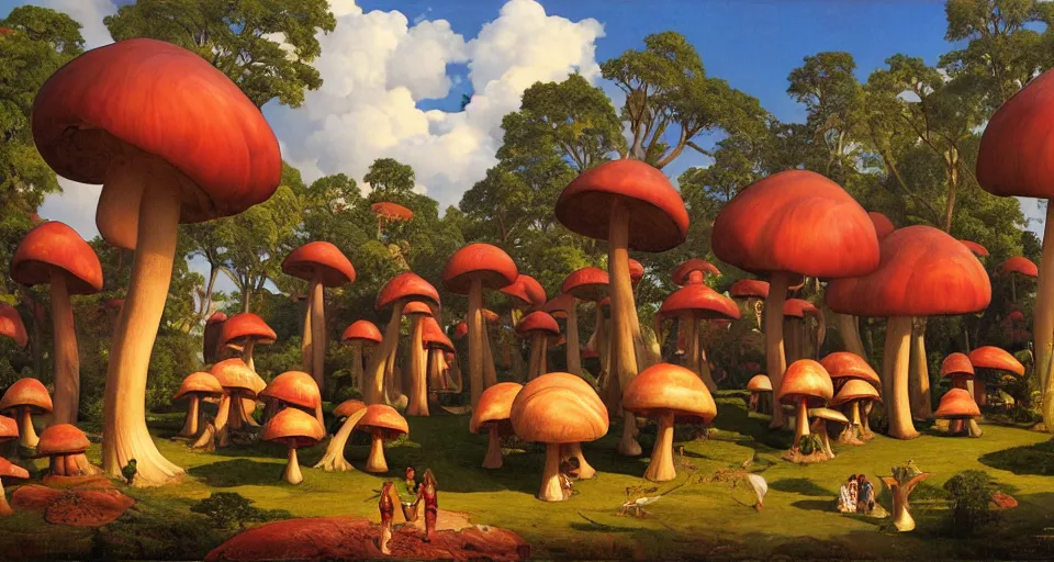 Image similar to A tribal village in a forest of giant mushrooms, by Thomas Blackshear