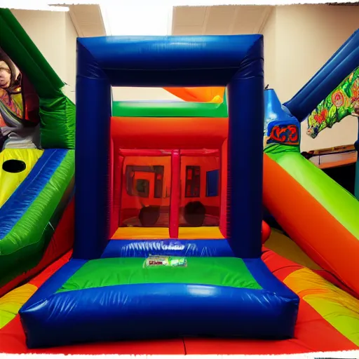 Image similar to a darkly lit indoor children's bounce house photo taken with a deposable camera limital space