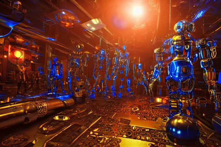 Prompt: on the floor sits a sad golden and blue metal humanoid steampunk robots wearing and gears and tubes, eyes are glowing red lightbulbs, shiny crisp finish, 3 d render, 8 k, insaneley detailed, fluorescent colors, background is backdoor entrance to a futuristic nightclub, nightlight