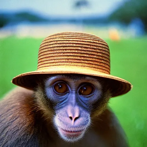 Prompt: A closeup film photography of a monkey cat wearing straw hat, photo bySlim Aarons, award winning, 4K