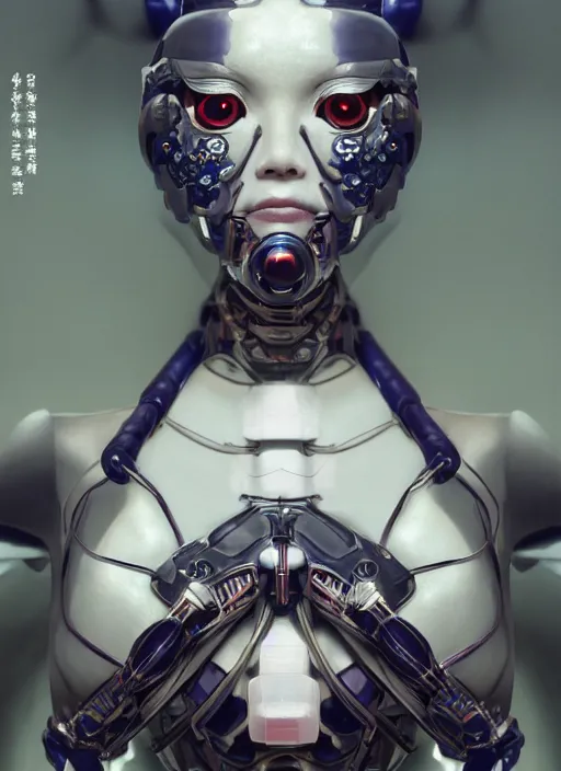 Image similar to portrait of a futuristic geisha cyborg, in the style of ghost in the shell, kintsugi, modern fine art, fractal, intricate, elegant, highly detailed, digital photography, subsurface scattering, by jheronimus bosch and greg rutkowski,