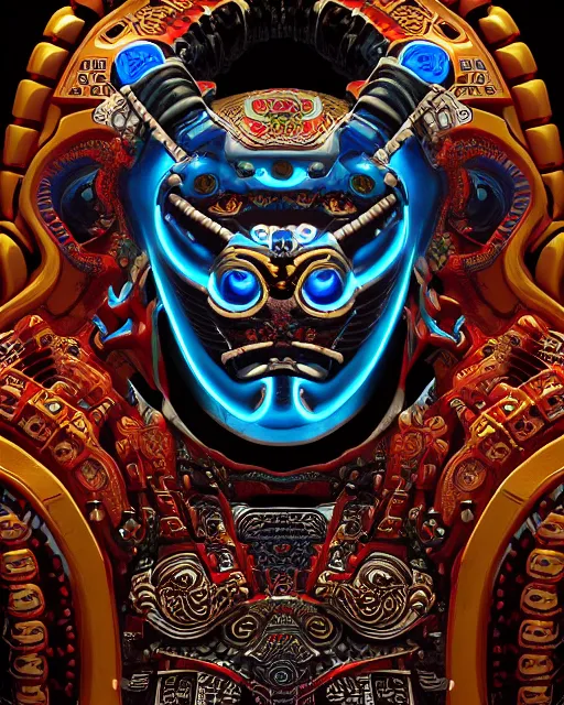 Image similar to portrait of a mayan masculine male cyberpunk jaguar warrior, machine face, upper half portrait, decorated with chinese opera motifs, muscular, latin, fine china, wuxia, traditional mayan art, intricate intense elegant, highly detailed symmetry headpiece digital painting artstation concept art smooth sharp focus illustration, art by moebius and frank miller diego rivera 8 k