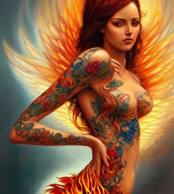 Prompt: woman with fiery tattoos, fiery wings, beautiful, intricate, full body, digital art by artgerm and karol bak