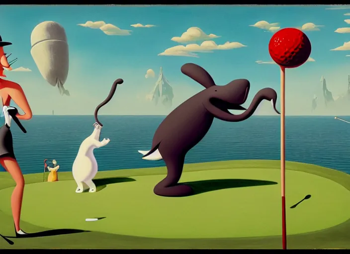 Image similar to matte sharp painting, surrealist, a walrus playing golf, juxtapoz, artforum, gary baseman, preston blair, tex avery, dan mumford, pedro correa