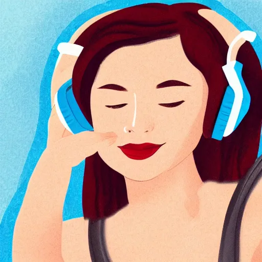 Image similar to a realism illustration of a beautiful woman with headphones dancing