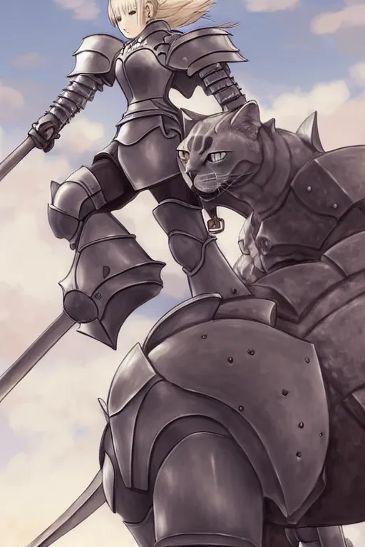 Prompt: female knight riding a heavy armored giant cat, finely detailed features, closeup at the faces, perfect art, gapmoe yandere grimdark, trending on pixiv fanbox, painted by studio ghibli, akihiko yoshida